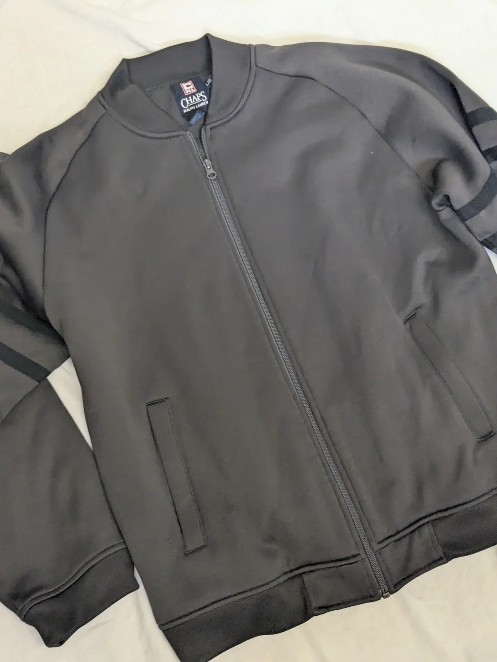 Vintage Chaps Ralph Lauren Grey Men's Full-Zip Bomber with Sleeve Stripes